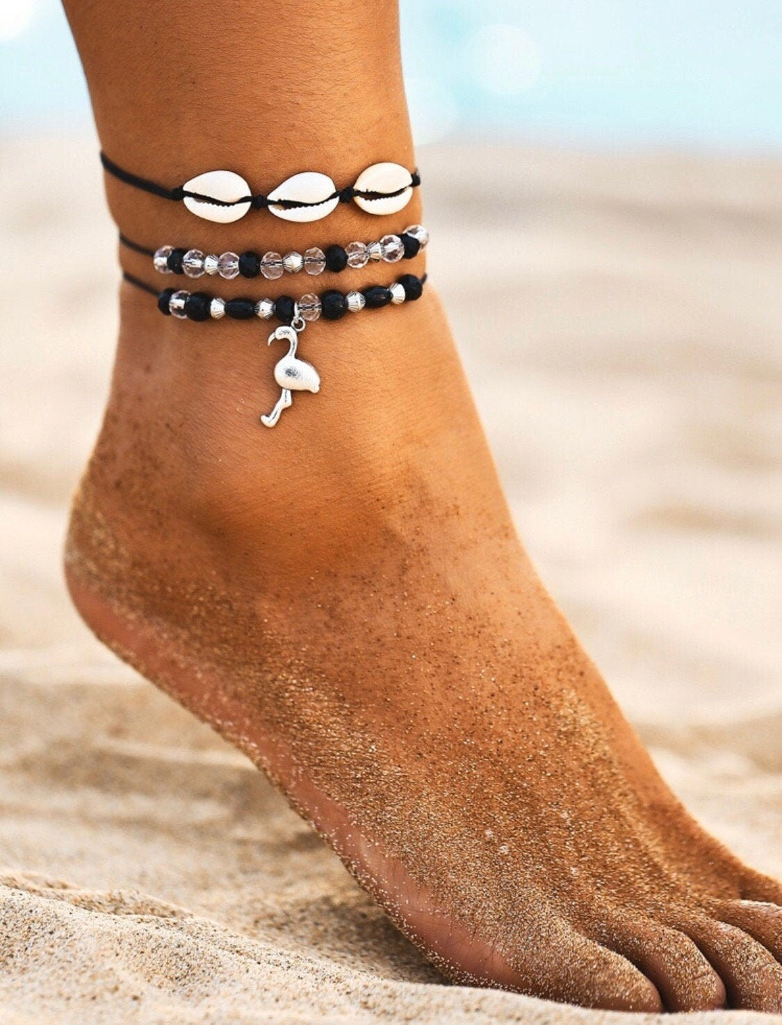3 pc. Flamingo Charm Anklet Set