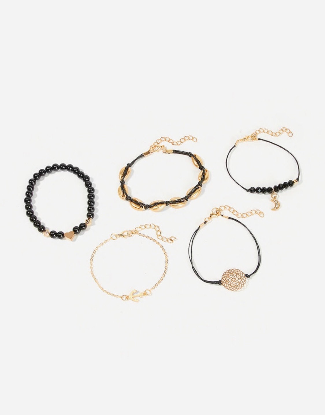 5 Pc, Shell, Moon, Anchor & Heart Woven Bracelet Set, Bracelet Set, Charm Bracelets, Beaded Bracelets, Nautical Jewelry, Black Bracelets