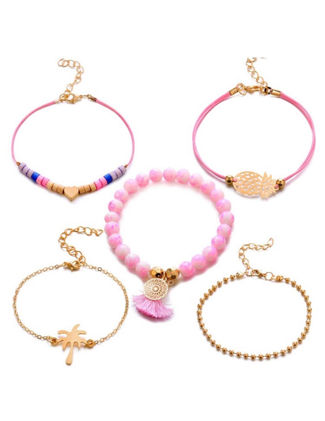 5 pc. Palm Tree, Heart, Pineapple Bracelet Set