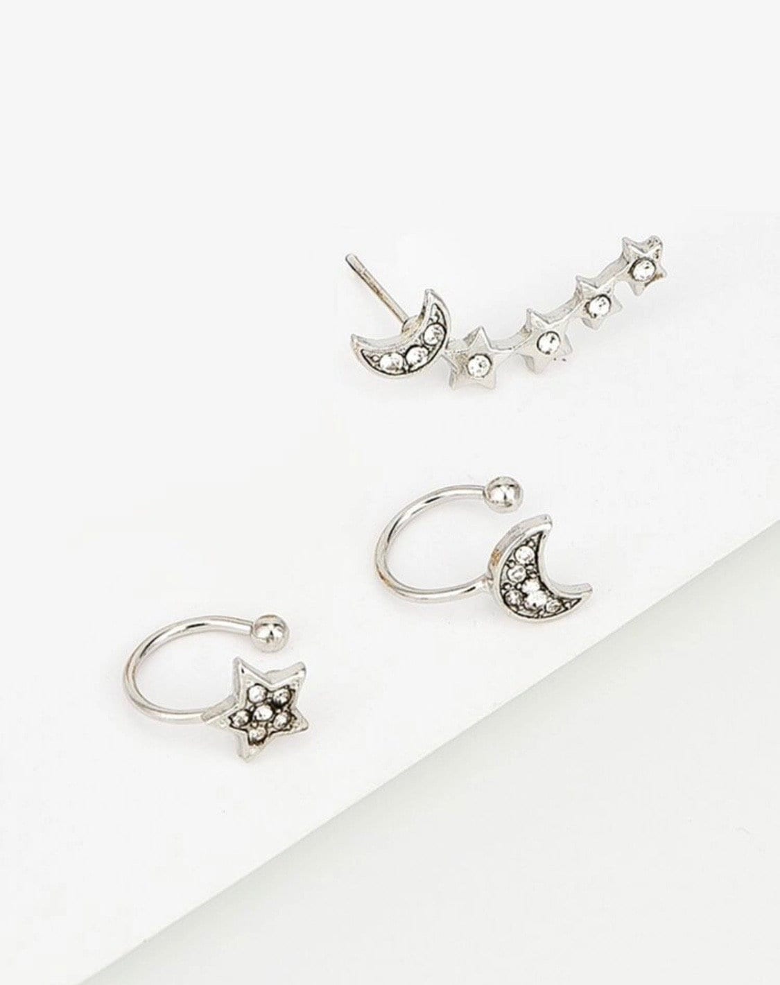 Celestial Ear Climber & Cuffs, Silver Celestial Ear Climber, Silver Celestial Ear Cuffs, Rhinestone Ear Cuffs, Moon Star Ear Cuffs, Her Gift