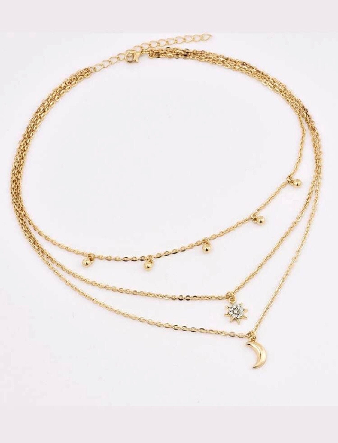 Celestial Layered Necklace, Moon & Star Layered Necklace, Rhinestone Star Necklace, Moon Charm Necklace, Choker Layering Necklace, Sun Moon