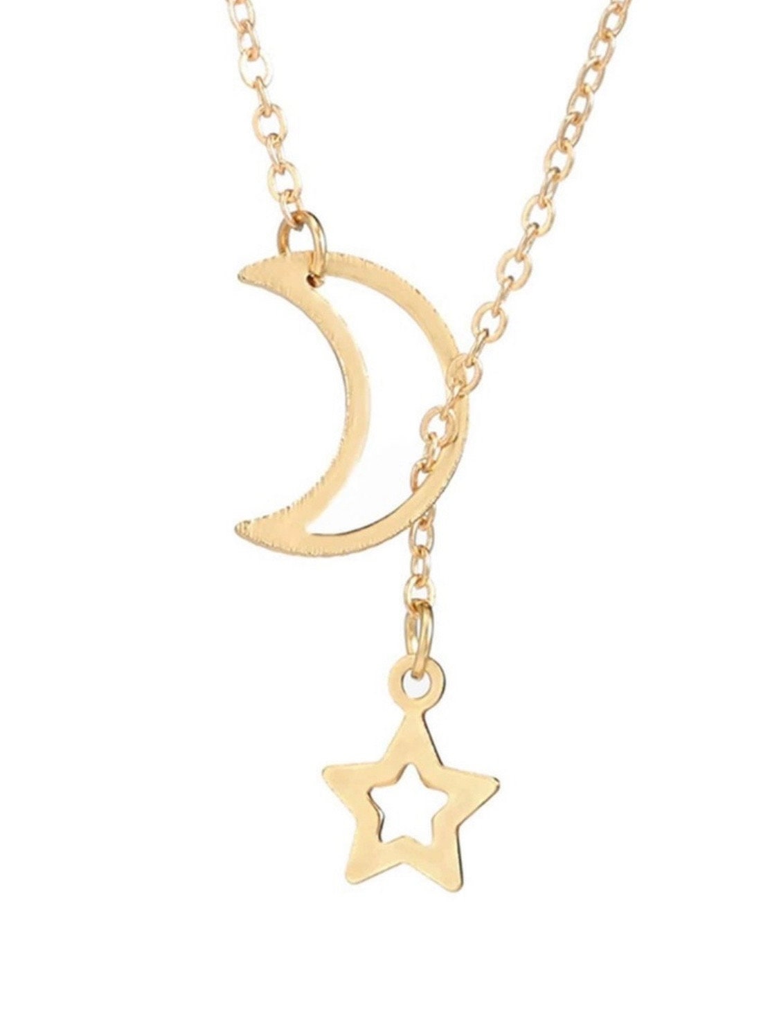 Moon and Star Necklace - Lariat Necklace - Beachlifejewelryco
