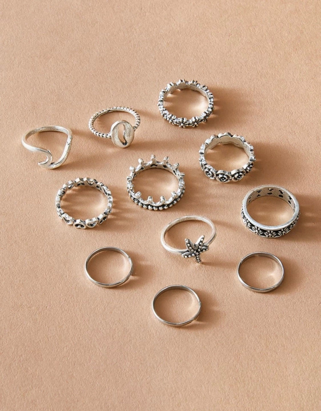 11 Piece Starfish, Ocean Wave, Cowrie Shell, Heart & Flowers Ring Set