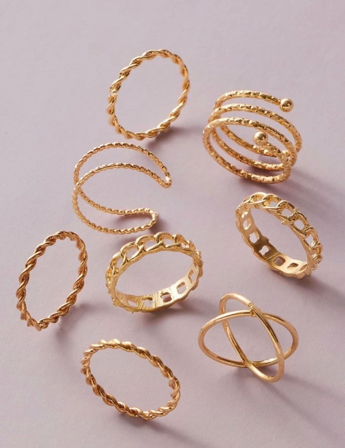 8 Piece Gold Minimalist Ring Set, Gold Textured Rings, Gold Twist Ring, Gold Spiral Ring, Gold Minimalist Jewelry, Minimalist Stacking Rings