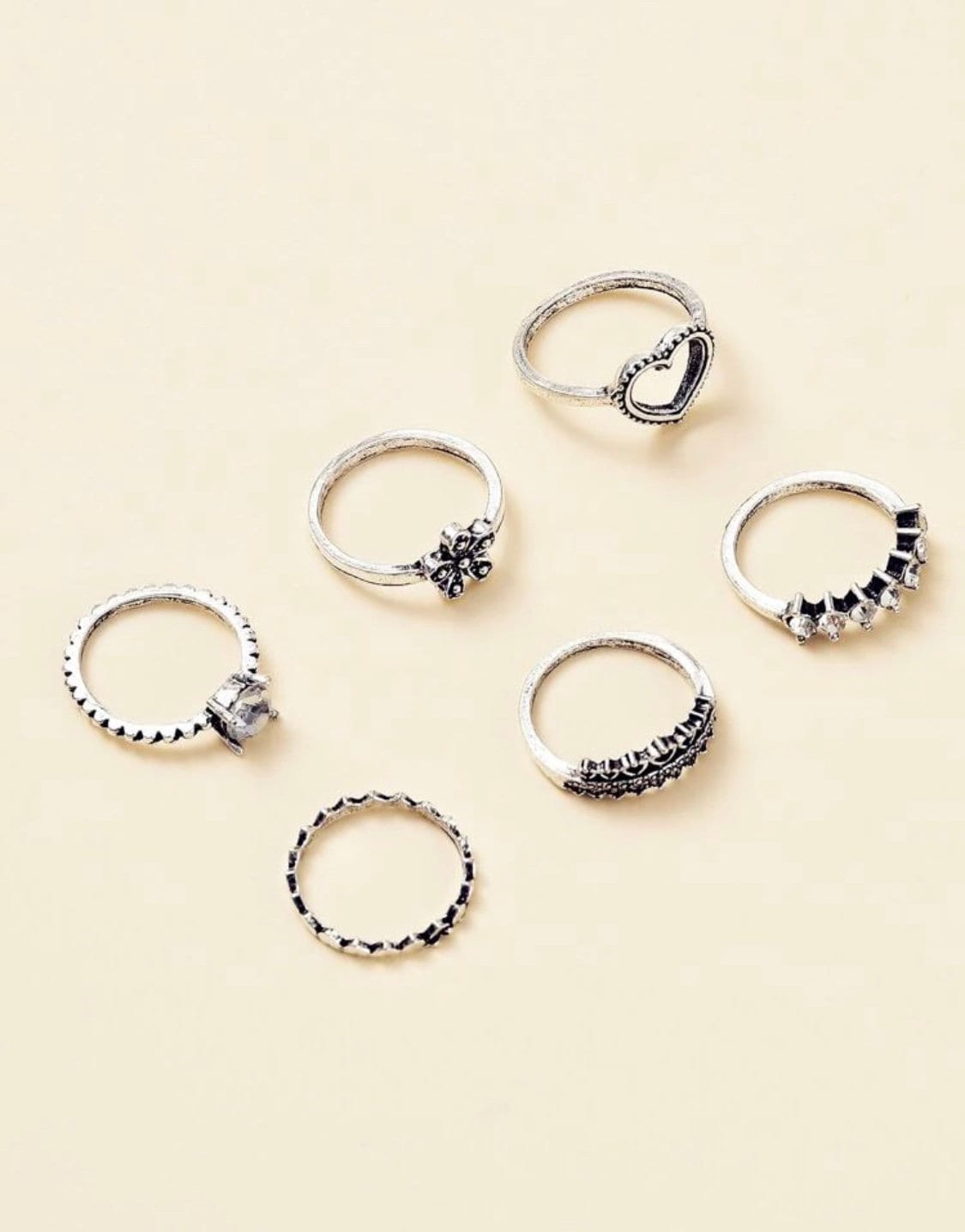 6 Piece Vintage Silver Ring Set, Assorted Sizes Ring Set, Vintage Ring Set, Vintage Heart Rings, Vintage Silver Heart Rings, Vintage Jewelry