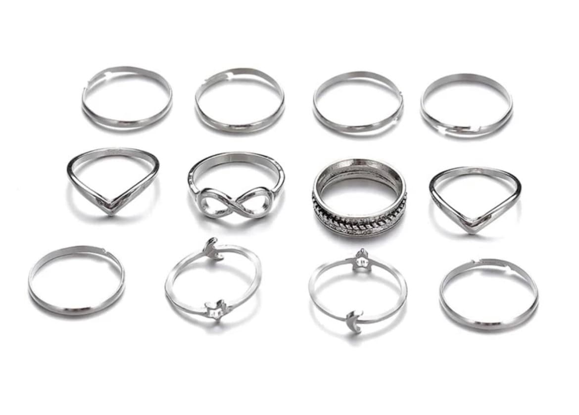 12 Piece "Love You To The Moon & Stars" Silver Ring Set, Silver Eternity Ring, Silver Star and Moon Rings, Silver Infinity Ring, Silver Band