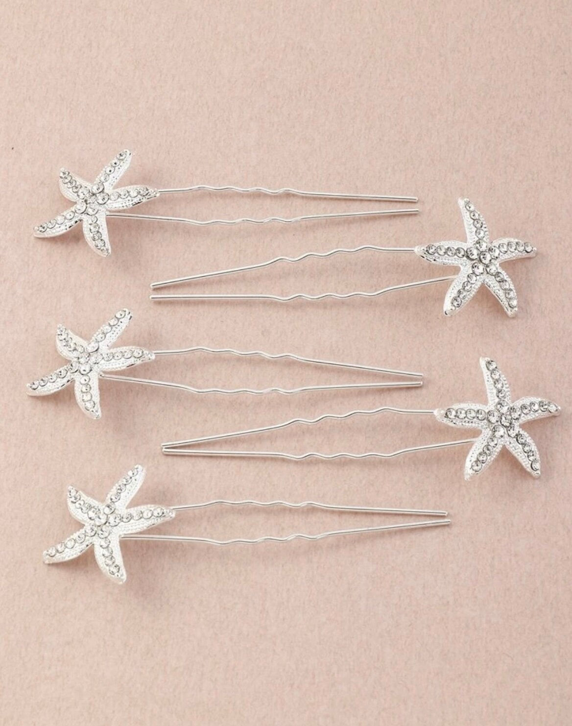 Set of 5 Rhinestone Starfish Hair Pins in Silver