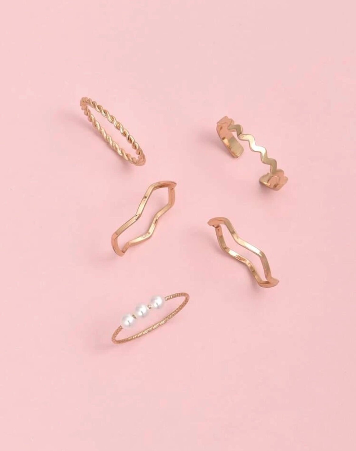 5 Piece Gold Ring Set, Wavy Gold Rings, Gold Pearl Ring, Minimalist Gold Ring Set, Classy Gold Rings, Dainty Gold Ring Set, Jewelry Gift