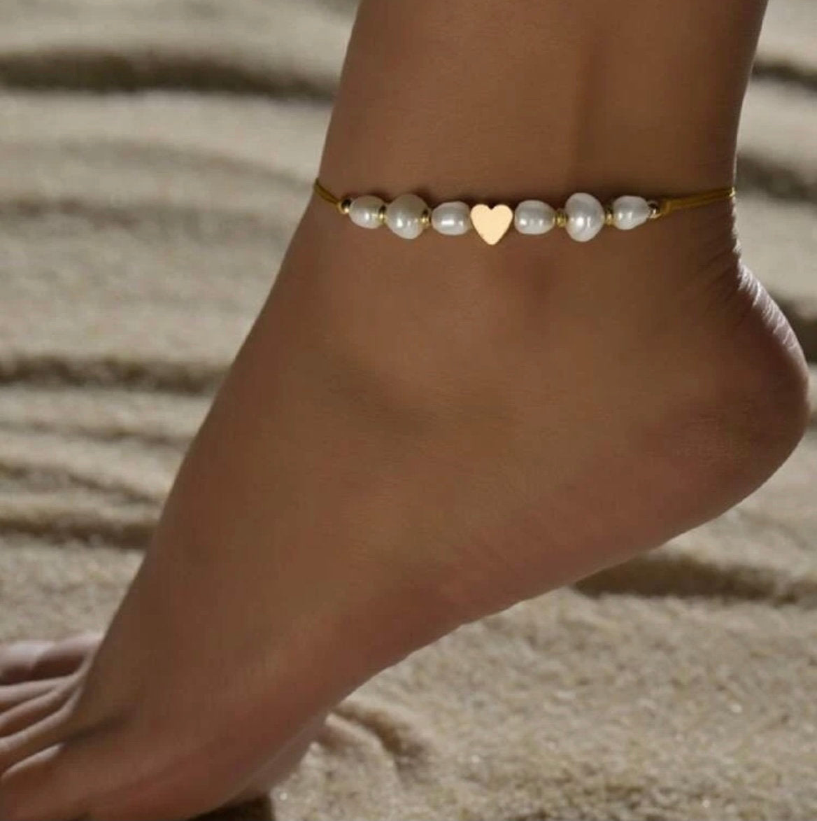 Pearl & Gold Heart Charm Anklet