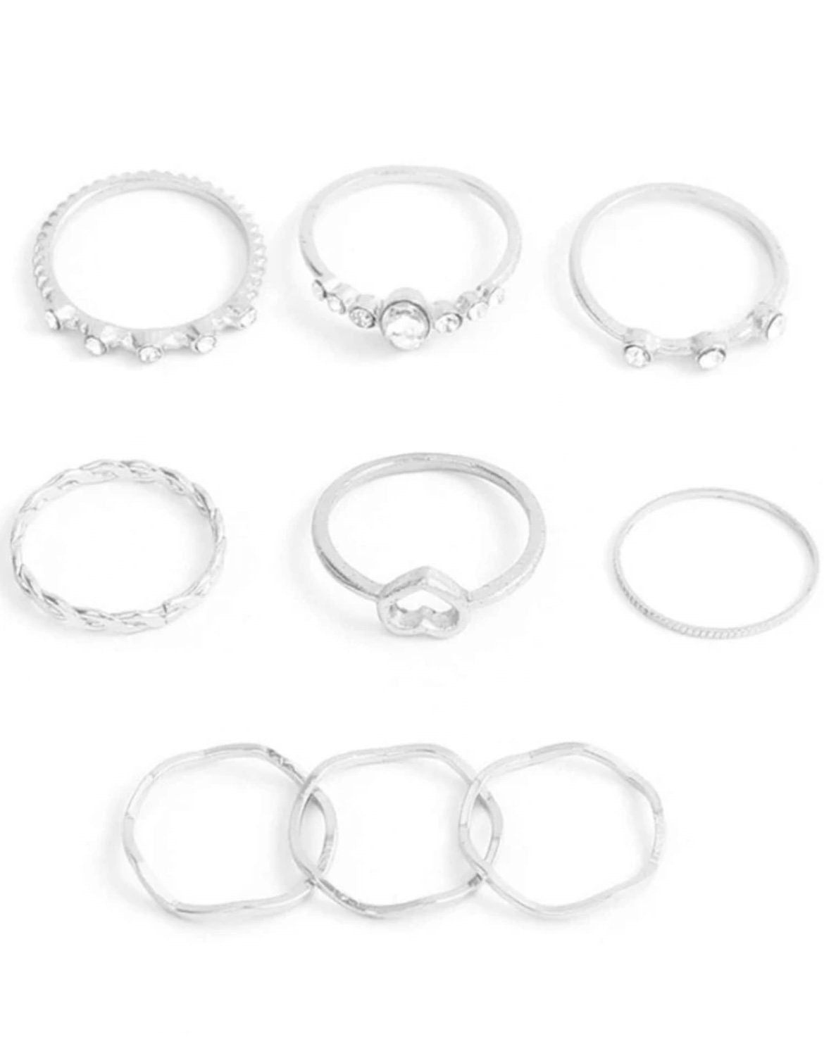 9 Piece Silver Heart and Rhinestone Ring Set