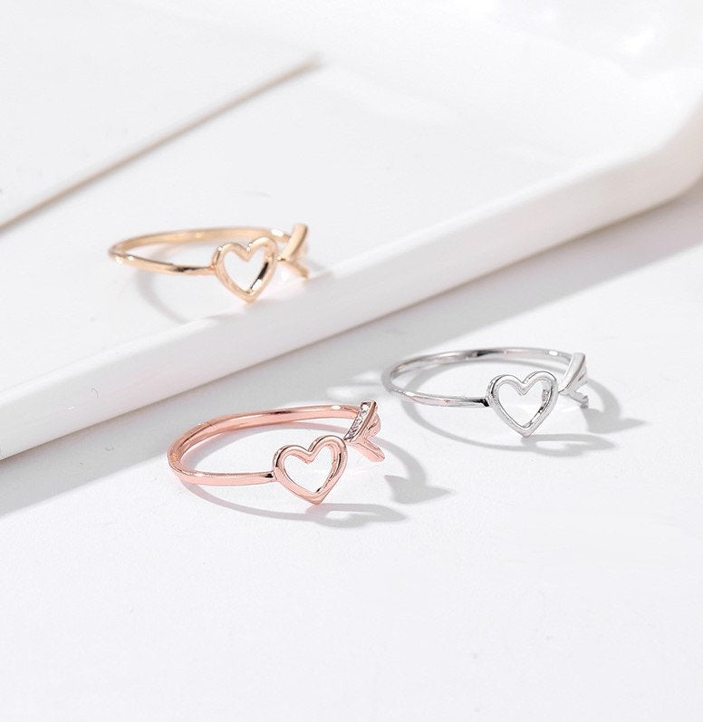 Heart & Arrow Ring, Dainty Heart and Arrow Ring, Her Anniversary Gift, Her Valentines Day Gift, Promise Ring, Open Heart and Arrow Ring