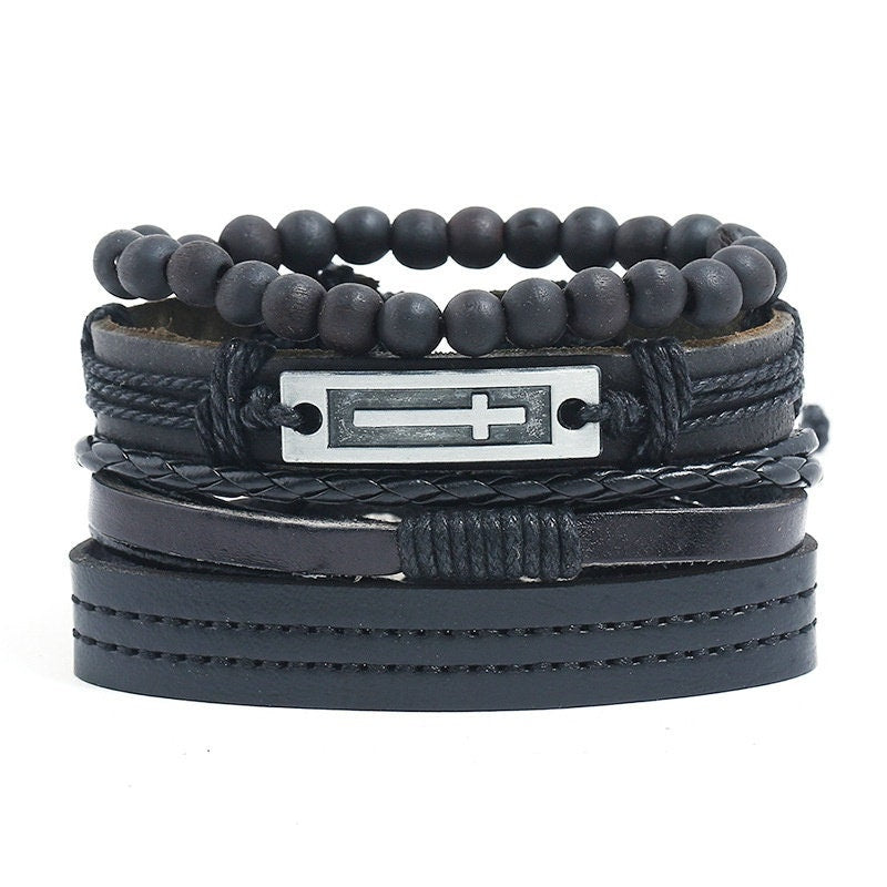 4 Piece Men's Leather Bracelet Set