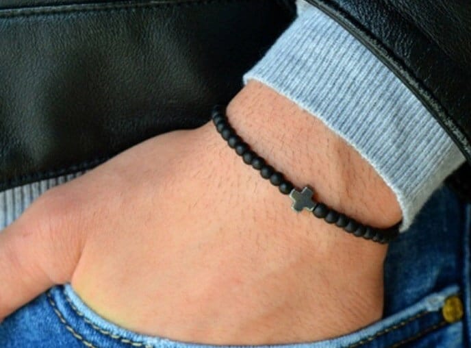 Black Volcanic Rock & Cross Bracelet, Mens Cross Bracelet, Volcanic Rock Bracelet, Confirmation Gift Idea, Religious Gift For Him, His Gift