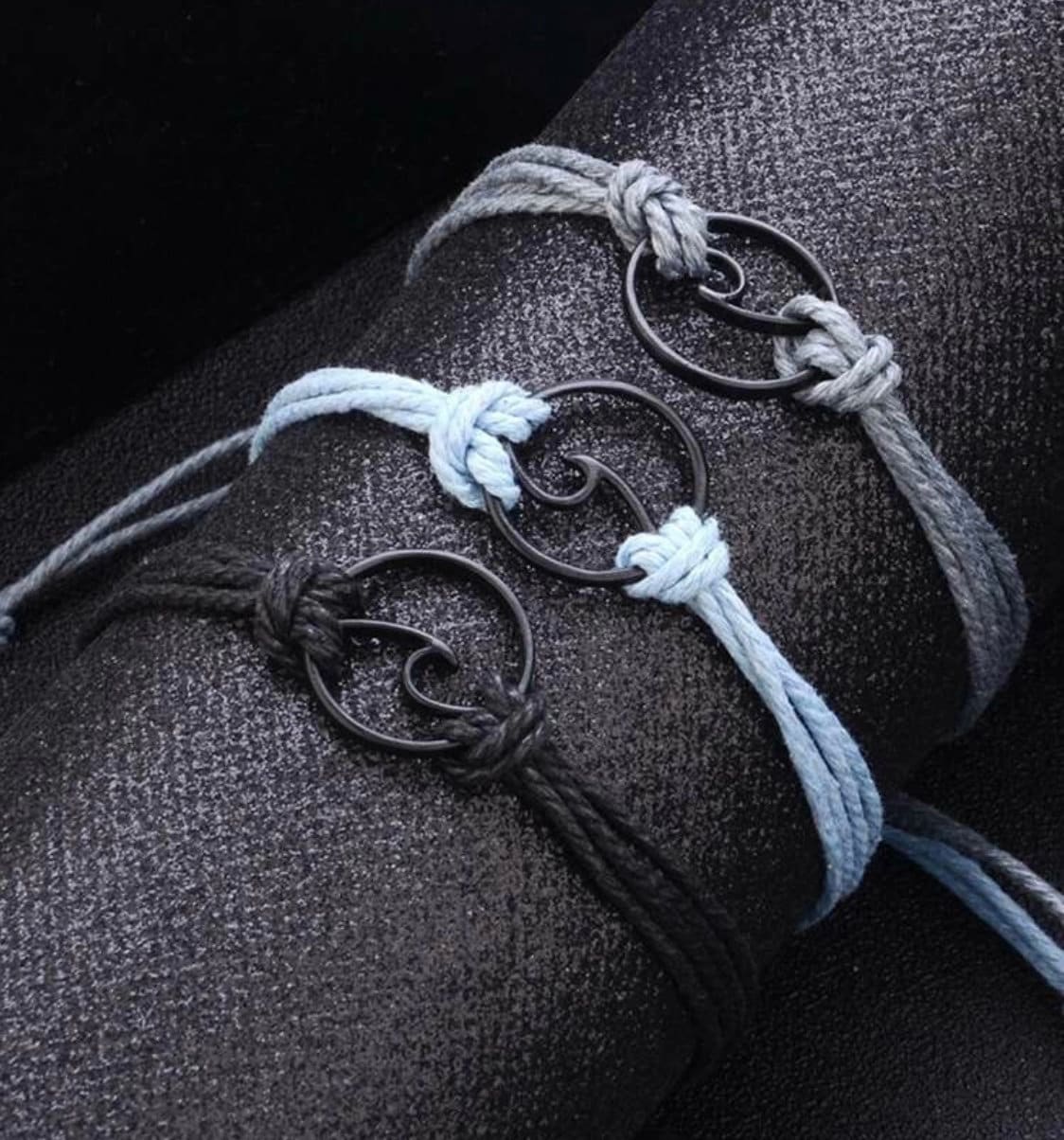Set of 3 Ocean Wave String Bracelets, Blue Ocean Wave String Bracelet, Gray Ocean Wave String Bracelet, Black Ocean Wave String Bracelet