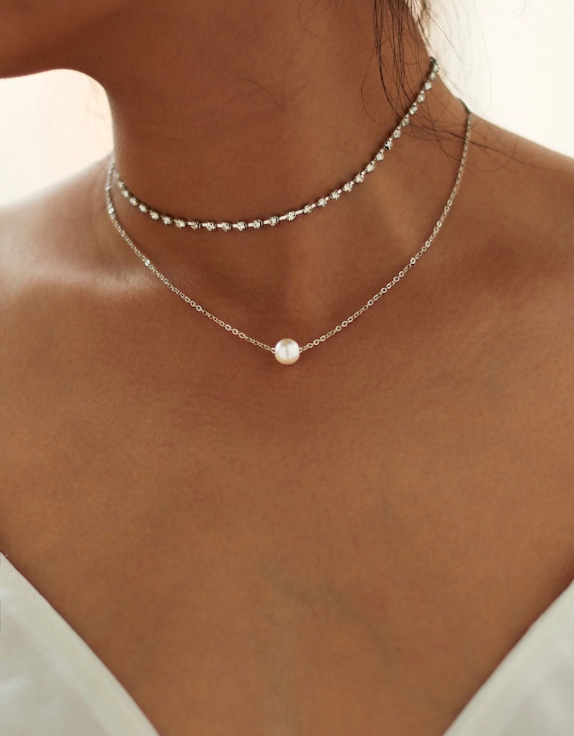 2 piece Rhinestone Choker and Faux Pearl Pendant Necklaces in Silver, Homecoming Jewelry, Prom Jewelry, Wedding Jewelry, Faux Diamond Choker