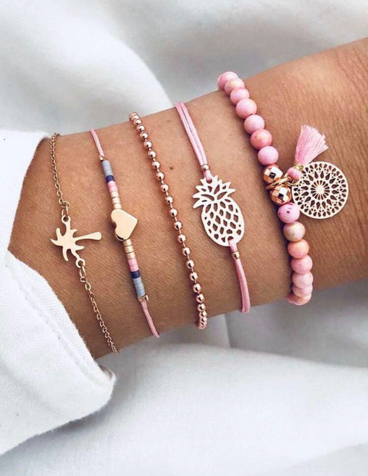 5 pc. Palm Tree, Heart, Pineapple Bracelet Set
