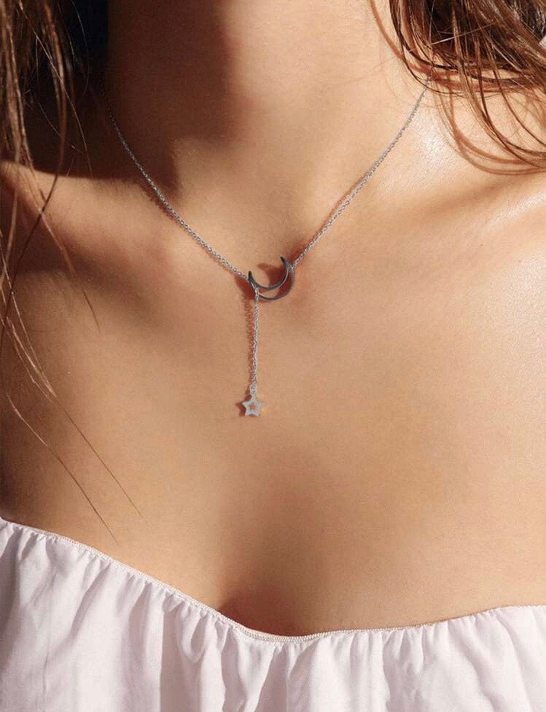 Moon & Star Lariat Necklace, Celestial Necklace, Silver Lariat Necklace, Moon and Star Charm Necklace, Celestial Jewelry, Moon Charm, Star