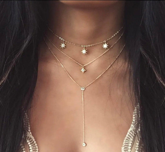Star & Rhinestone Layered Lariat Necklace