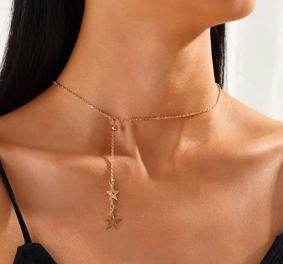 Gold Star Lariat Necklace, Gold Celestial Necklace, Dainty Gold Star Necklace, Simple Long Gold Necklace, Gold Star Charm Necklace, Lariat