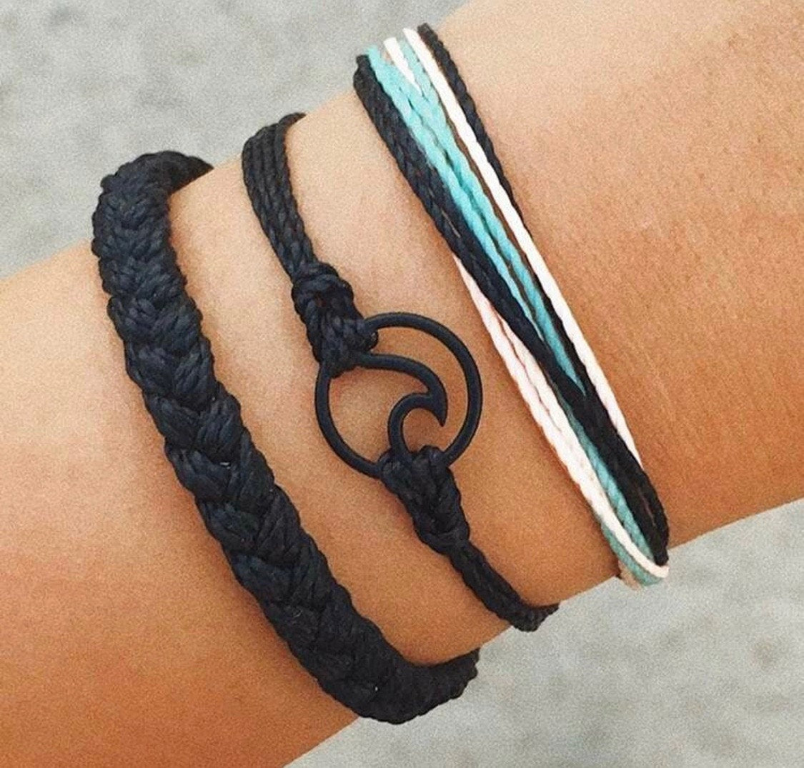 Guys Ocean Wave Bracelet, Mens Woven Bracelet, Mens Bracelet Stack, Ocean Wave Bracelet Set, Mens Ocean Wave Jewelry, Braided Bracelet Set