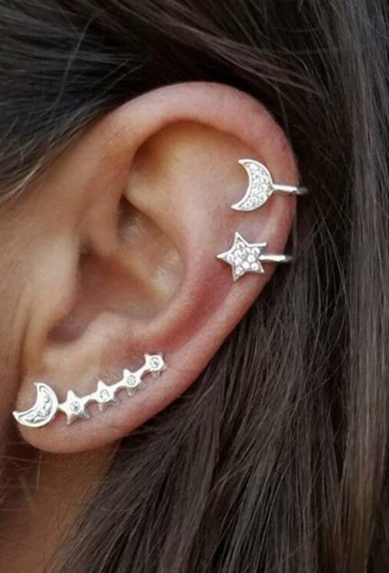 Celestial Ear Climber & Cuffs, Silver Celestial Ear Climber, Silver Celestial Ear Cuffs, Rhinestone Ear Cuffs, Moon Star Ear Cuffs, Her Gift