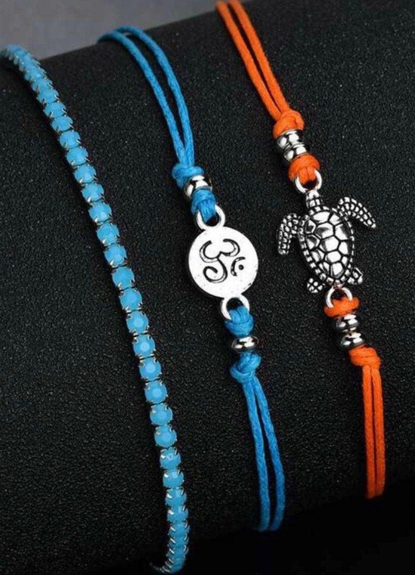 Sea Turtle & Totum Charm Anklet Set, Beaded Anklet Set, Sea Turtle Lover Gift, Sea Turtle Jewelry Gift, Tropical Island Jewelry, Souvenir