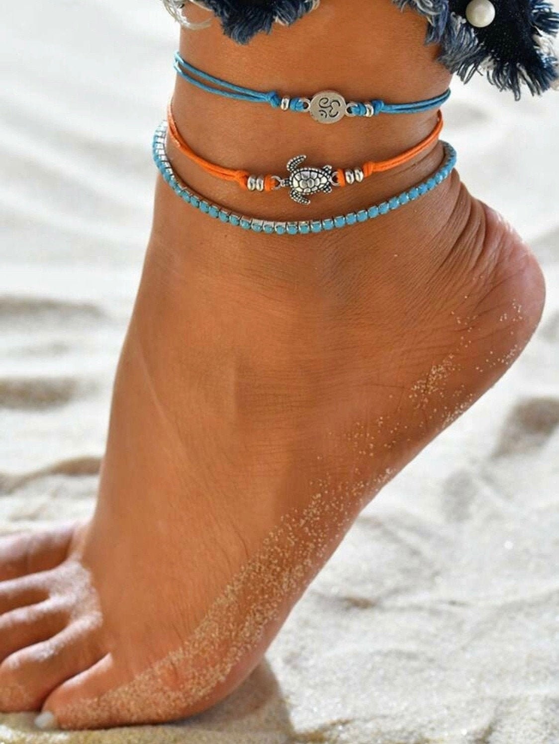 Sea Turtle & Totum Charm Anklet Set, Beaded Anklet Set, Sea Turtle Lover Gift, Sea Turtle Jewelry Gift, Tropical Island Jewelry, Souvenir