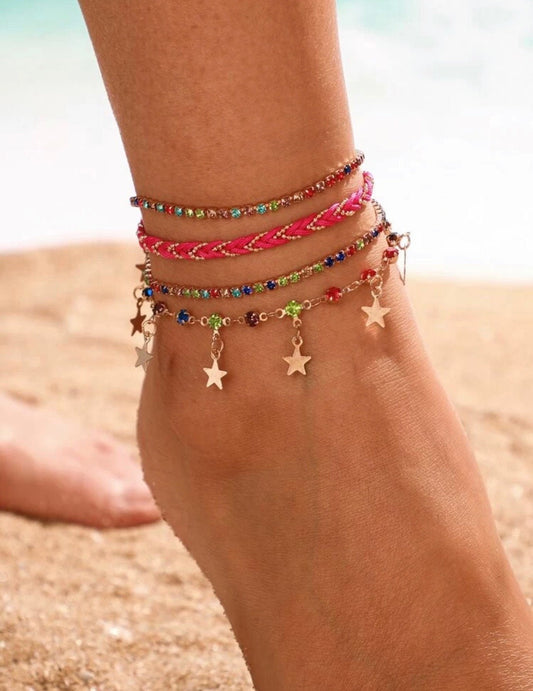 Colorful Beaded & Woven Anklet Set