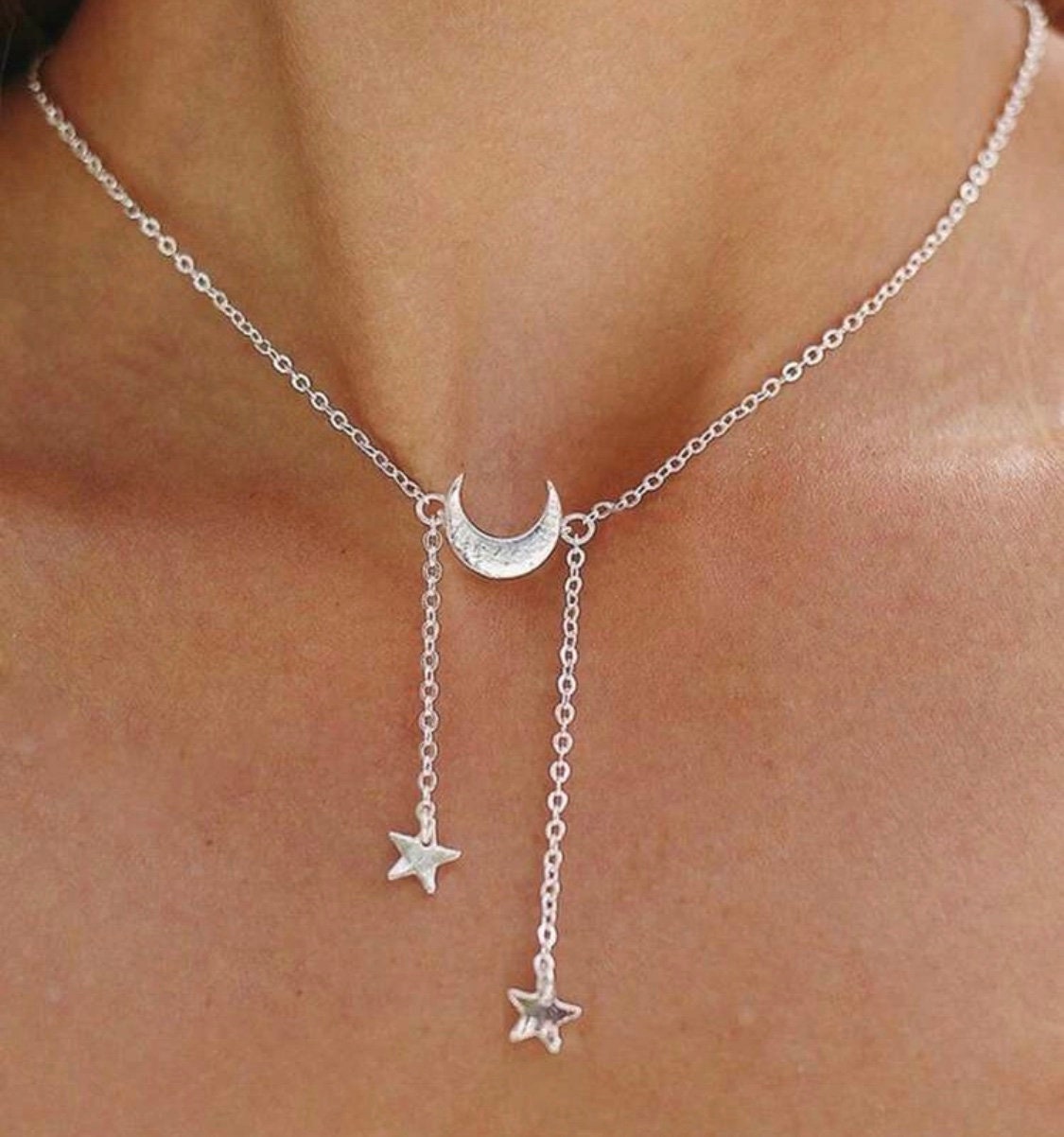 Silver Moon & Stars Necklace, Moon Stars Necklace, Celestial Gift For Her, Crescent Moon Necklace, Celestial Jewelry Gift, Silver Stars Gift