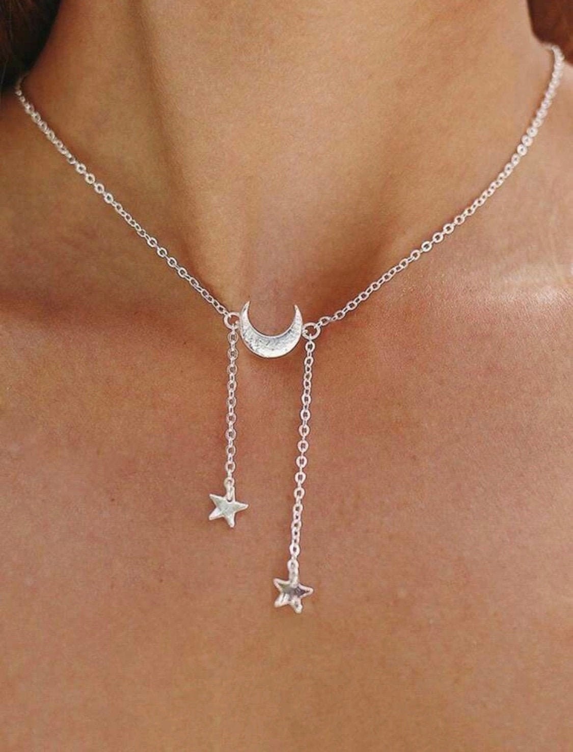 Silver Moon & Stars Necklace, Moon Stars Necklace, Celestial Gift For Her, Crescent Moon Necklace, Celestial Jewelry Gift, Silver Stars Gift