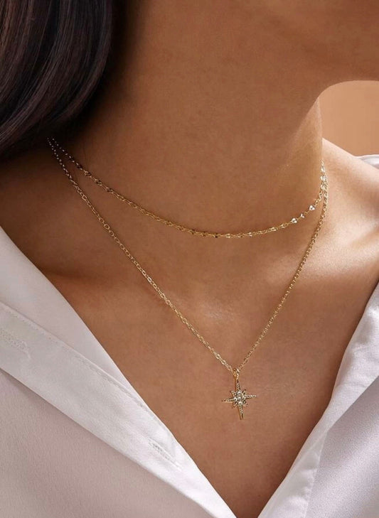 Layered North Star Charm Necklace, Gold North Star Necklace, Gold Choker with North Star Charm Necklace, North Star Layer Necklace, Star