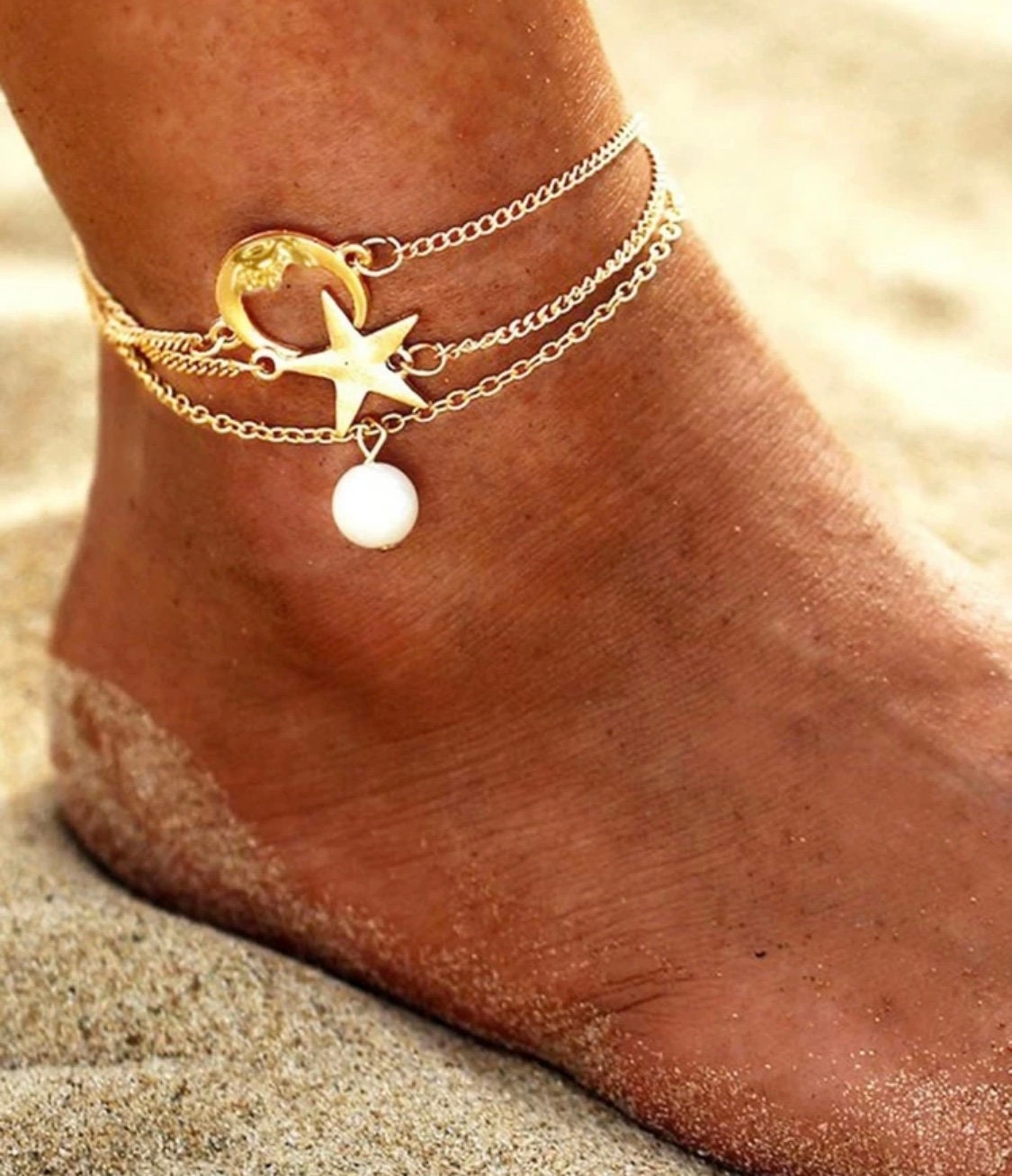 3 Piece Gold Celestial Anklet Set