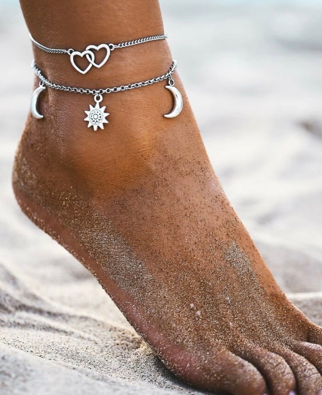 Silver Heart Sun & Moon Anklet, Celestial Ankle Bracelet, Silver Heart Ankle Bracelet, Sun Moon Ankle Bracelet, Silver Celestial Anklet