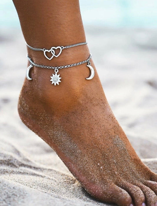 Silver Heart Sun & Moon Anklet, Celestial Ankle Bracelet, Silver Heart Ankle Bracelet, Sun Moon Ankle Bracelet, Silver Celestial Anklet