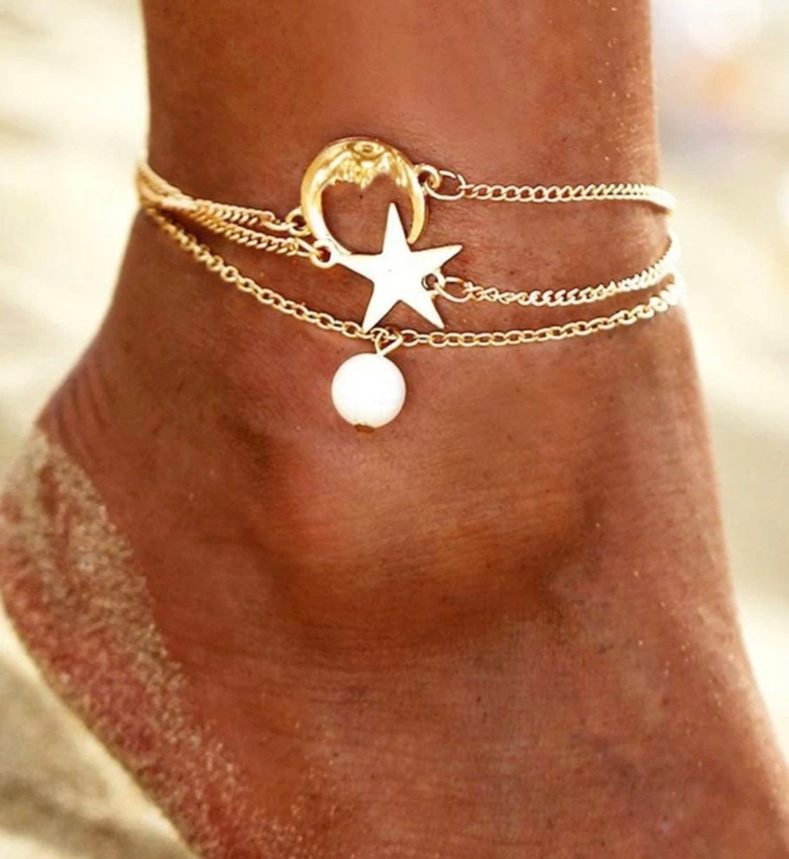 3 Piece Gold Celestial Anklet Set