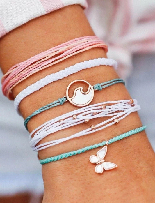 5 Piece Ocean Wave & Butterfly Bracelet Stack, Pretty Beach and Butterfly Bracelet Set, Cute and Whimsical Bracelet Stack, Wave Bracelet