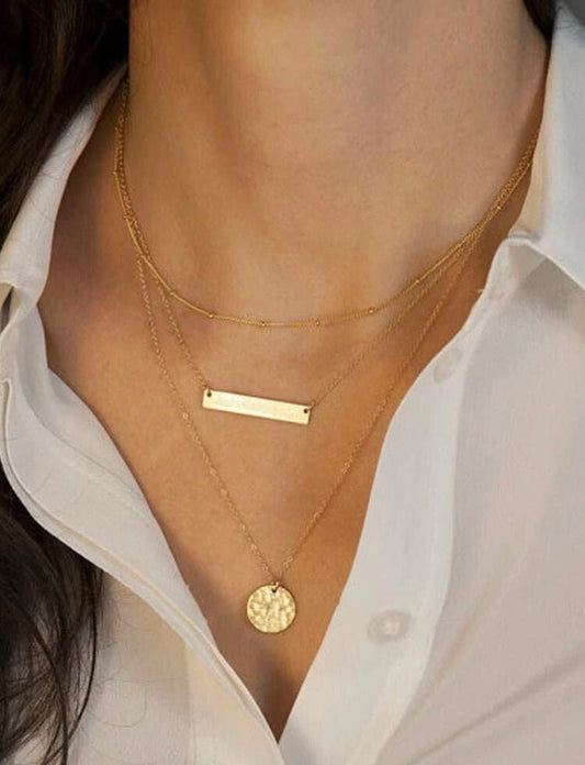 Gold Bar & Textured Coin Multi Strand Necklace