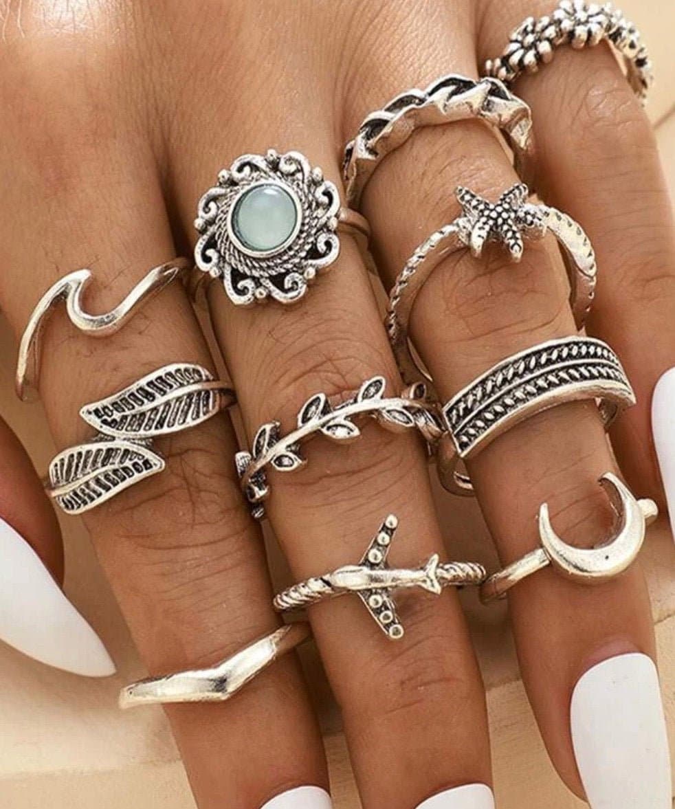 11 Piece "Take Me To The Tropics" Ring Set, Ocean Wave Ring, Silver Starfish Ring, Palm Frond Ring, Airplane Ring, Tropical Flower Ring