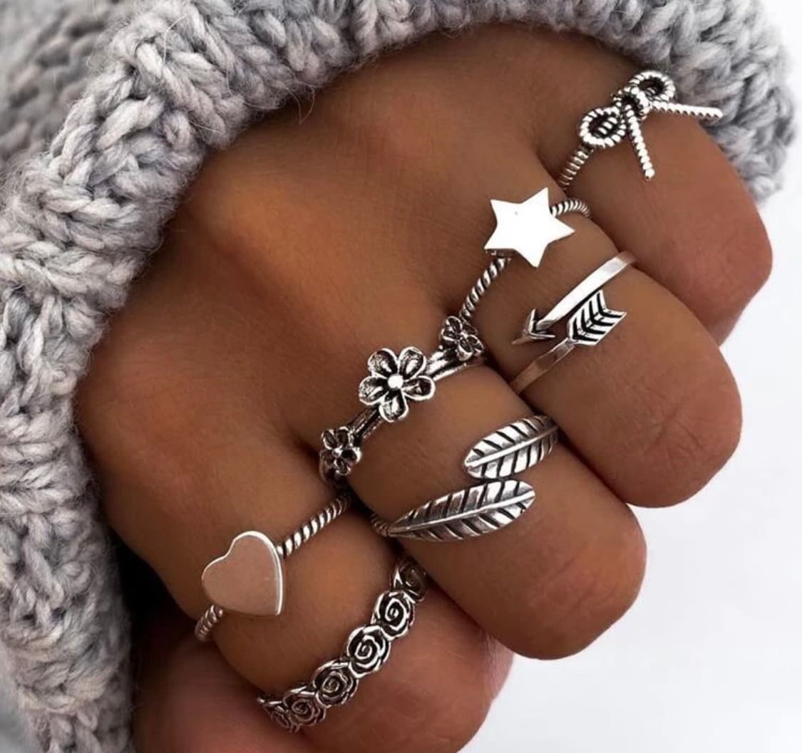 7 Piece Vintage Holiday Ring Set, Silver Star Ring, Silver Bow Ring, Silver Heart Ring, Silver Arrow Ring, Holiday Gift For Her, Cute Rings