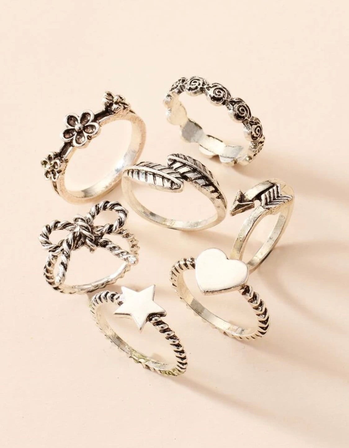 7 Piece Vintage Holiday Ring Set, Silver Star Ring, Silver Bow Ring, Silver Heart Ring, Silver Arrow Ring, Holiday Gift For Her, Cute Rings