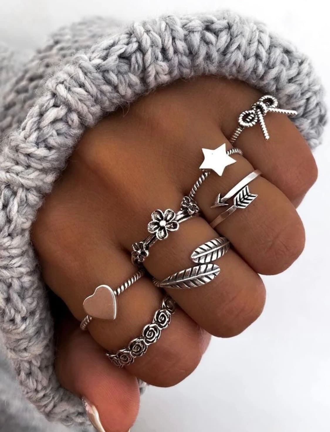 7 Piece Vintage Holiday Ring Set, Silver Star Ring, Silver Bow Ring, Silver Heart Ring, Silver Arrow Ring, Holiday Gift For Her, Cute Rings