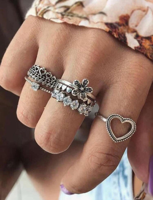 6 Piece Vintage Silver Ring Set, Assorted Sizes Ring Set, Vintage Ring Set, Vintage Heart Rings, Vintage Silver Heart Rings, Vintage Jewelry