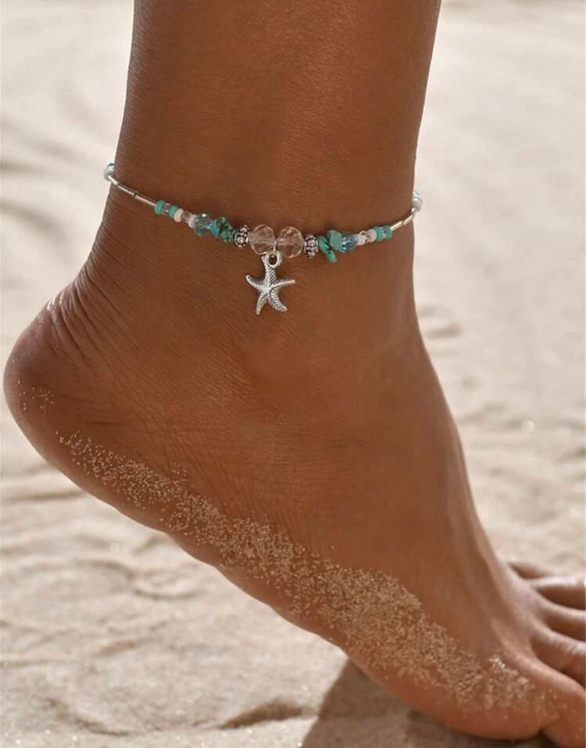 Beaded Silver Starfish Charm Anklet