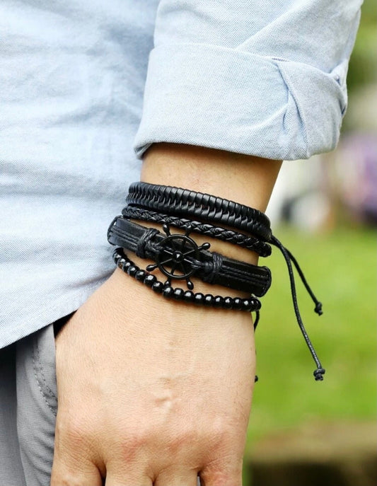 4 Piece Mens Leather Bracelet Set