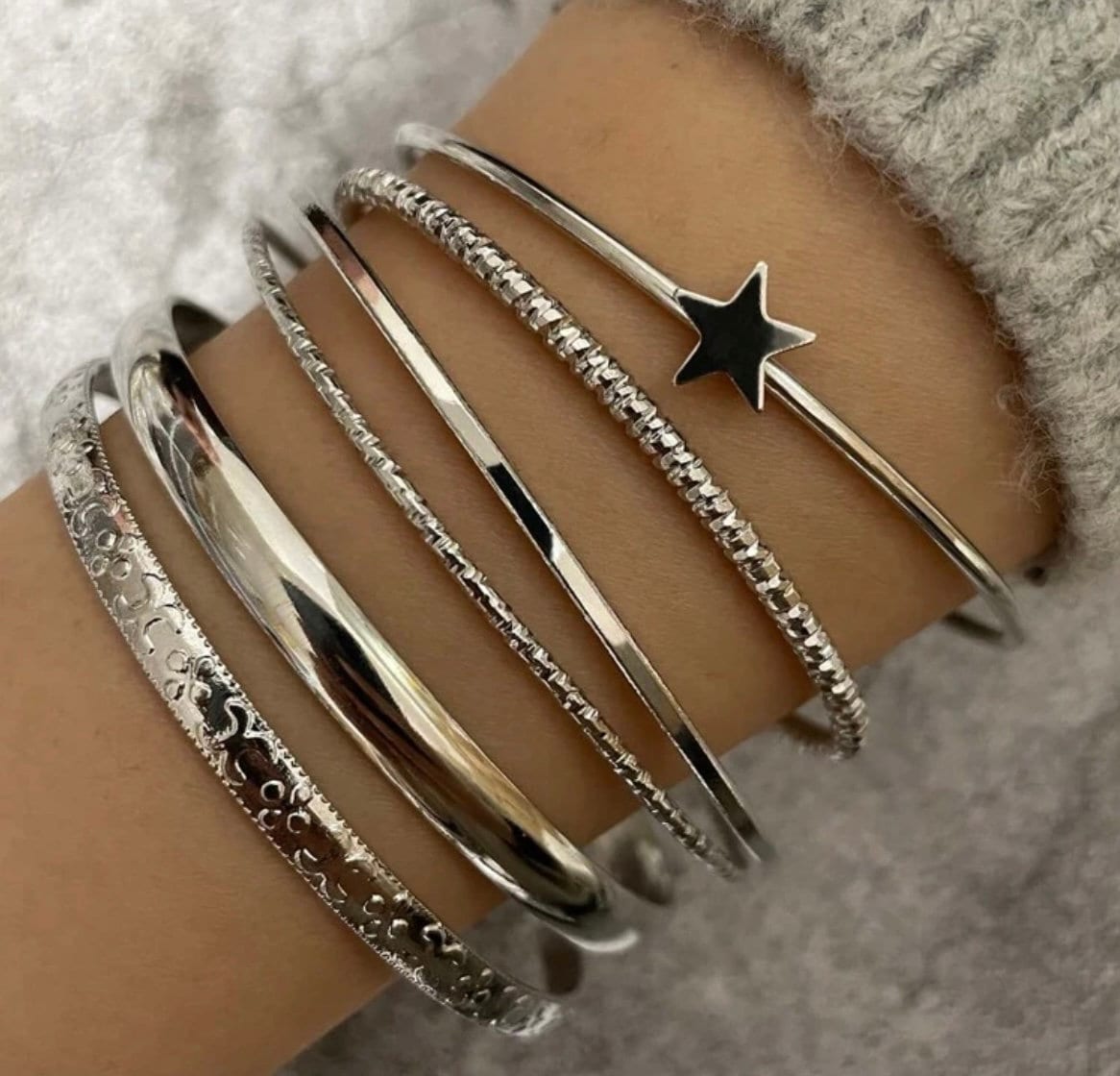 6 Piece Silver Bangle Bracelet Set, Silver Star Cuff Bracelet, Festive Bracelets, Jewelry Gift Idea, Holiday Jewelry, Silver Bangle Bracelet