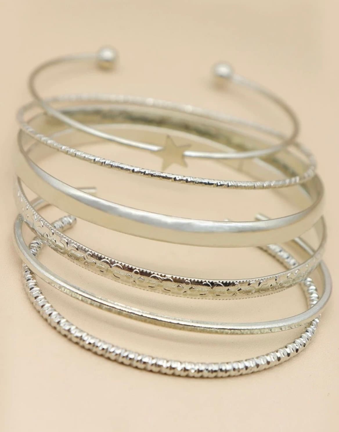 6 Piece Silver Bangle Bracelet Set, Silver Star Cuff Bracelet, Festive Bracelets, Jewelry Gift Idea, Holiday Jewelry, Silver Bangle Bracelet