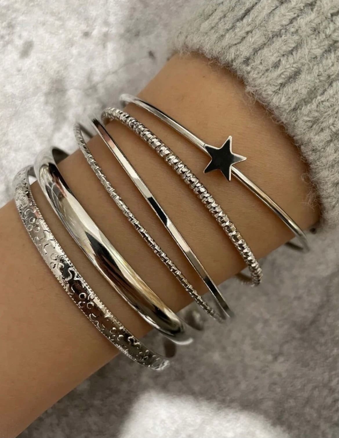 6 Piece Silver Bangle Bracelet Set, Silver Star Cuff Bracelet, Festive Bracelets, Jewelry Gift Idea, Holiday Jewelry, Silver Bangle Bracelet