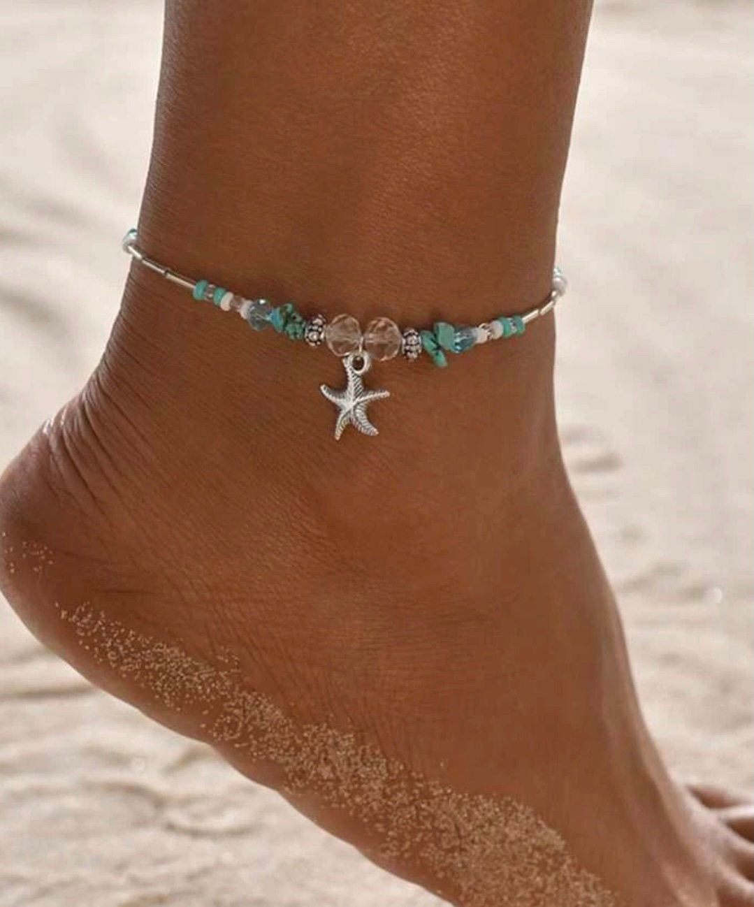 Beaded Silver Starfish Charm Anklet