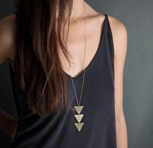 Gold Triple Triangle Drop Necklace, Gold Three Tier Triangle Pendant Necklace, Vertical Triple Triangle Necklace, Triple Triangle Necklace