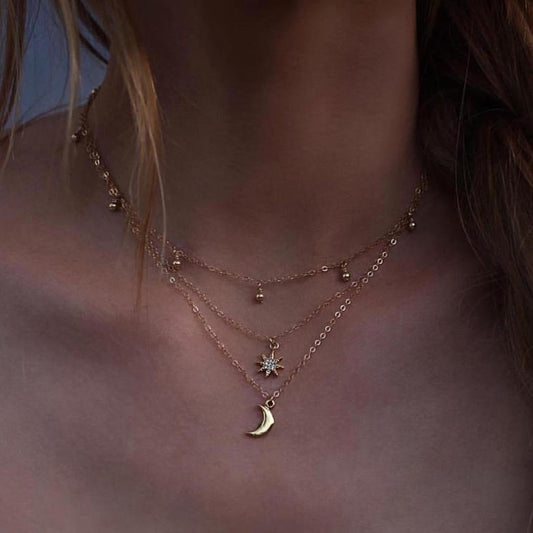 Celestial Layered Necklace, Moon & Star Layered Necklace, Rhinestone Star Necklace, Moon Charm Necklace, Choker Layering Necklace, Sun Moon